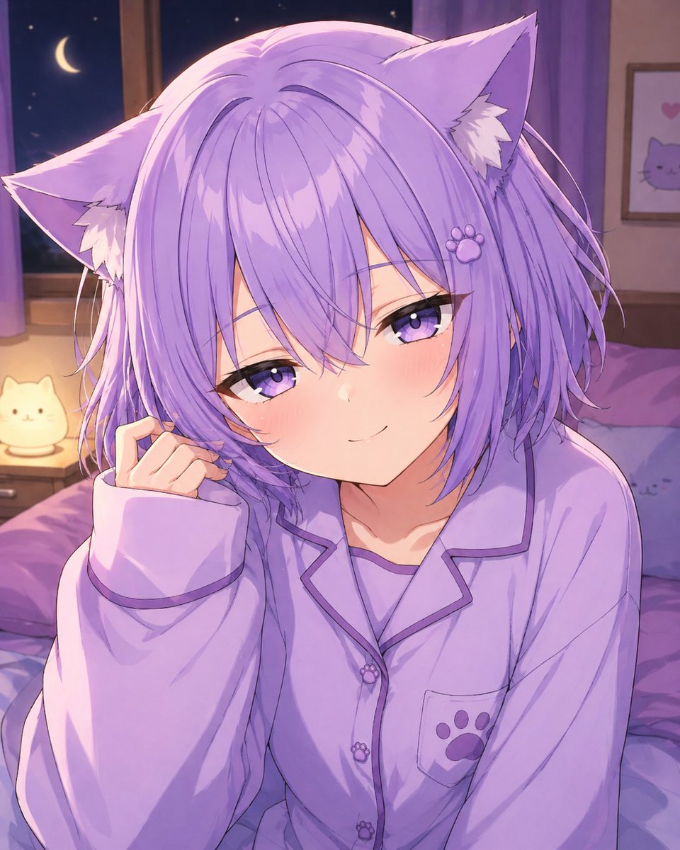 温馨猫耳少女睡衣夜间人像